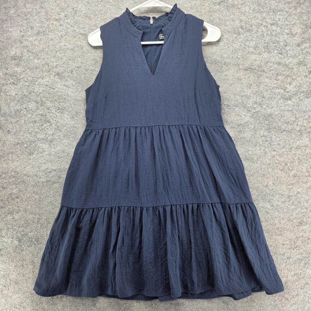 Jessica Howard Dress Womens 6P Blue Trapeze Swing Knee Length V-Neck Ruffle